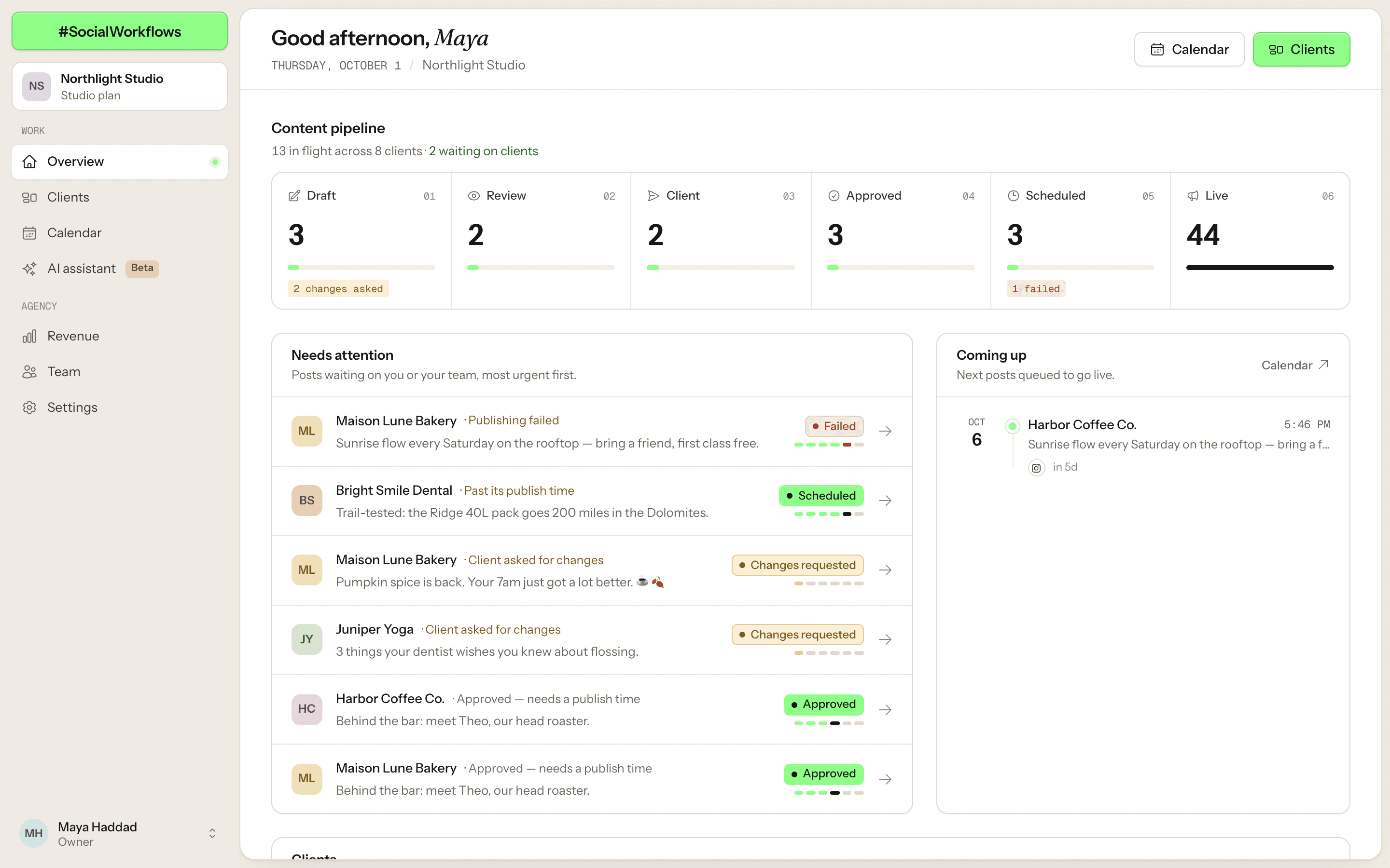 The Social Workflows overview: posts at each step, what needs attention and what goes out next